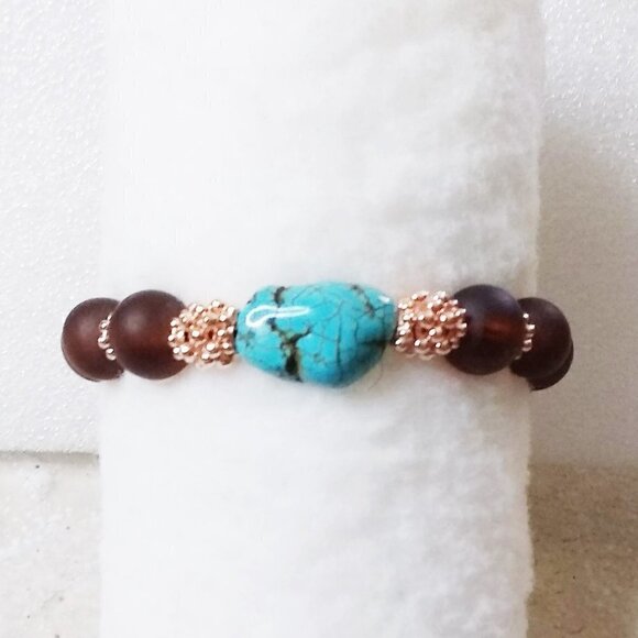 ๐๐๐ GIFT WORTHY ~ Beaded Bracelet + Earring Set! Turquoise + Brown + Rosegold - Picture 4 of 7